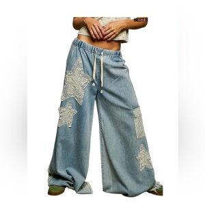 POL Wide Leg Star Patch Denim Pants in Light Blue with Cream Drawstring